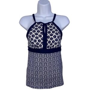 Lands' End Tankini Top Swim Halter Neck Padded Cups Navy White Geometric‎ Size 2
